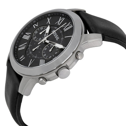 Fossil Grant chronograph watch angled view showing stainless steel case and black leather strap