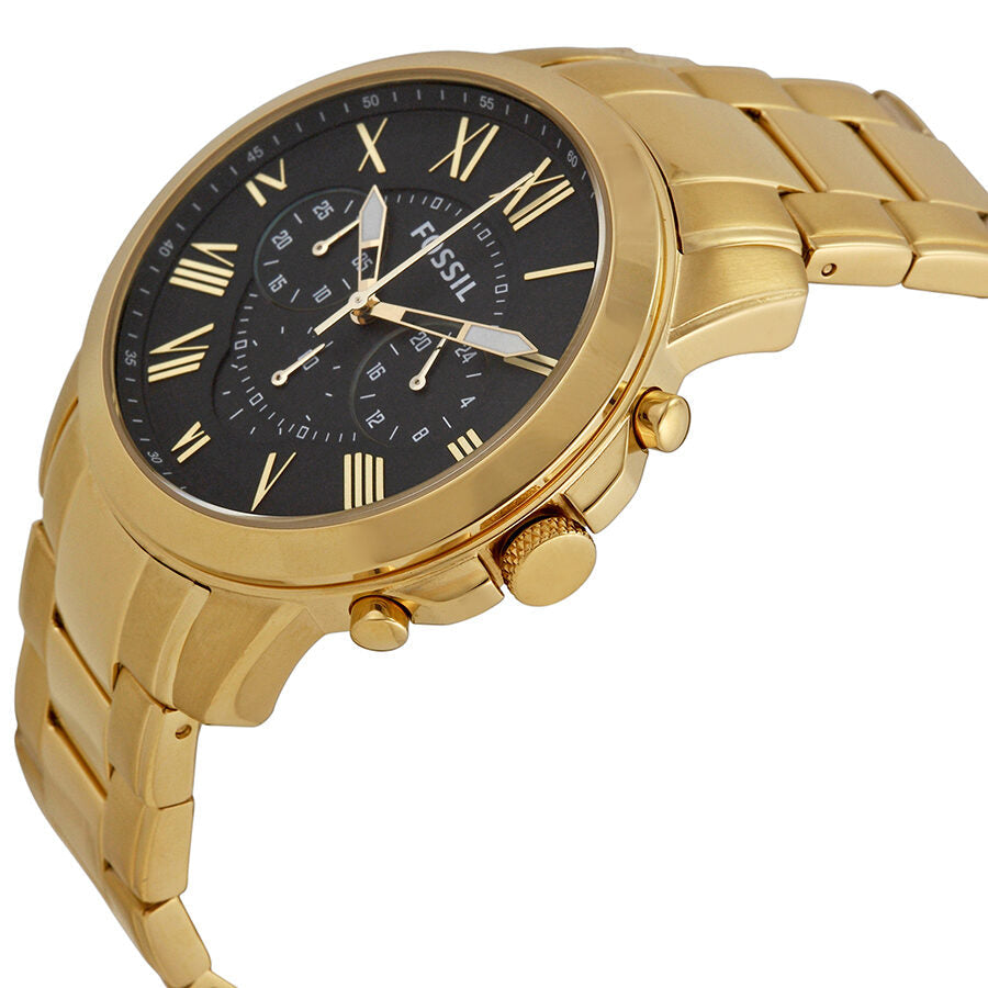 Fossil Grant chronograph watch angled view showing brown dial and gold-tone metal bracelet