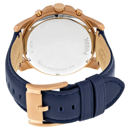 Caseback view of Fossil Grant watch showing stainless steel case and navy leather band