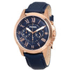 Fossil Grant navy dial chronograph watch with rose gold case and navy leather strap