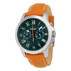 Fossil Grant chronograph men's watch with hunter green dial, tan leather strap, and silver case