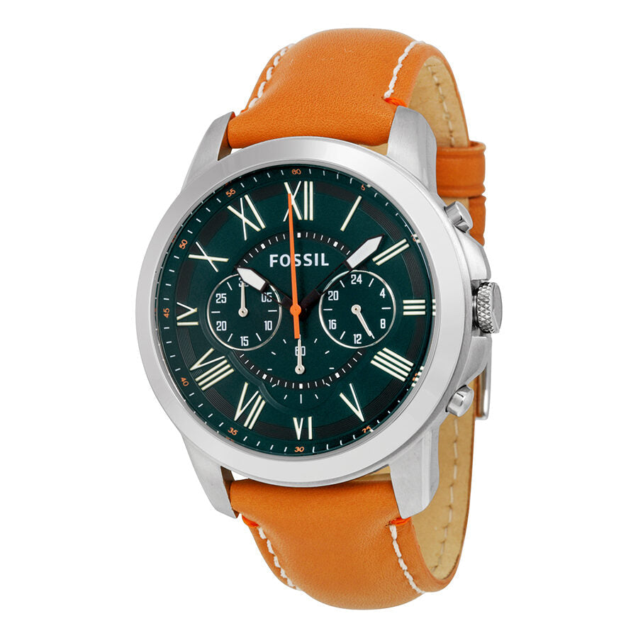 Fossil Grant chronograph men's watch with hunter green dial, tan leather strap, and silver case