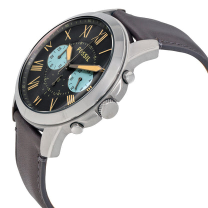 Fossil Grant chronograph watch side angle showing stainless steel case and gray leather strap