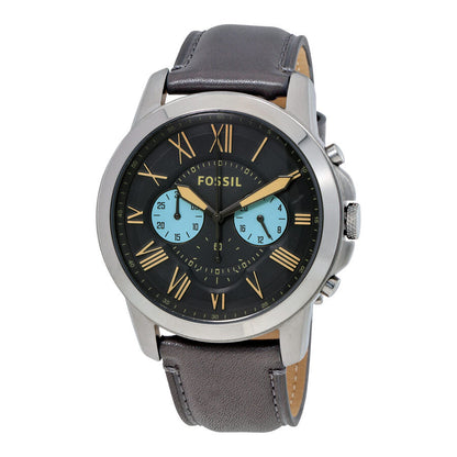 Fossil Grant gunmetal chronograph watch with blue subdials and Roman numerals