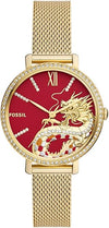 Fossil Jacqueline Dragonsteel women's watch with red dial, gold mesh strap, and dragon design