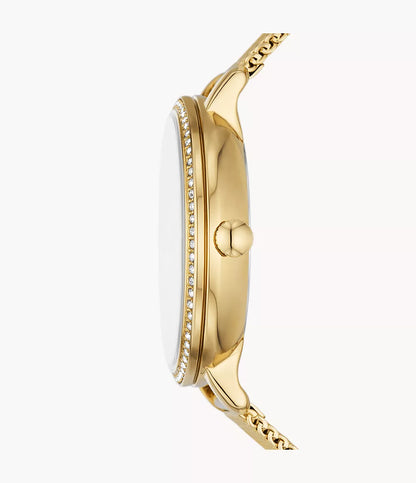 Fossil Jacqueline Dragonsteel watch side view showing crystal-set bezel and gold case