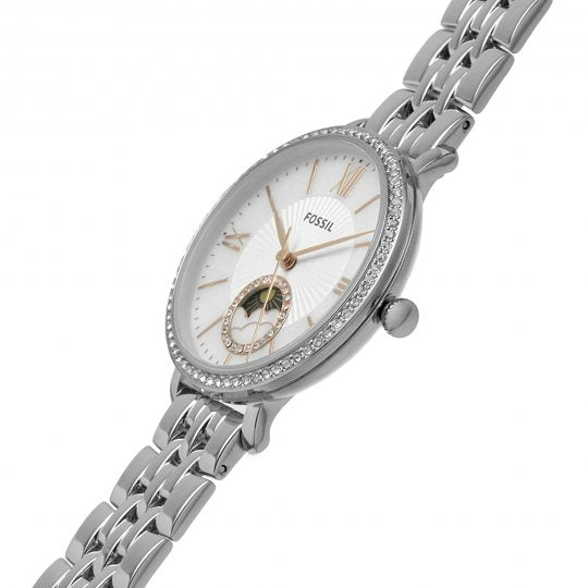 Side angle view of Fossil Jacqueline watch showing crystal-set bezel and white dial with rose gold accents