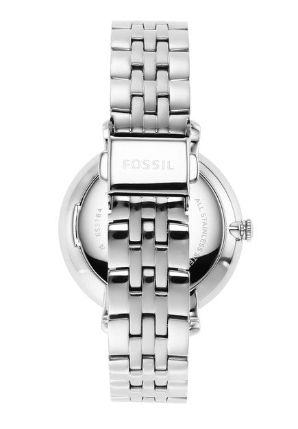 Back view of Fossil Jacqueline watch displaying case back and stainless steel three-link bracelet