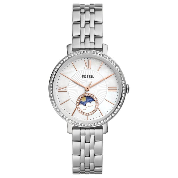 Fossil Jacqueline women's watch with silver-tone stainless steel bracelet and white dial featuring sun-moon complication