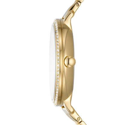 Side profile of Fossil Jacqueline watch showing gold case profile and link bracelet