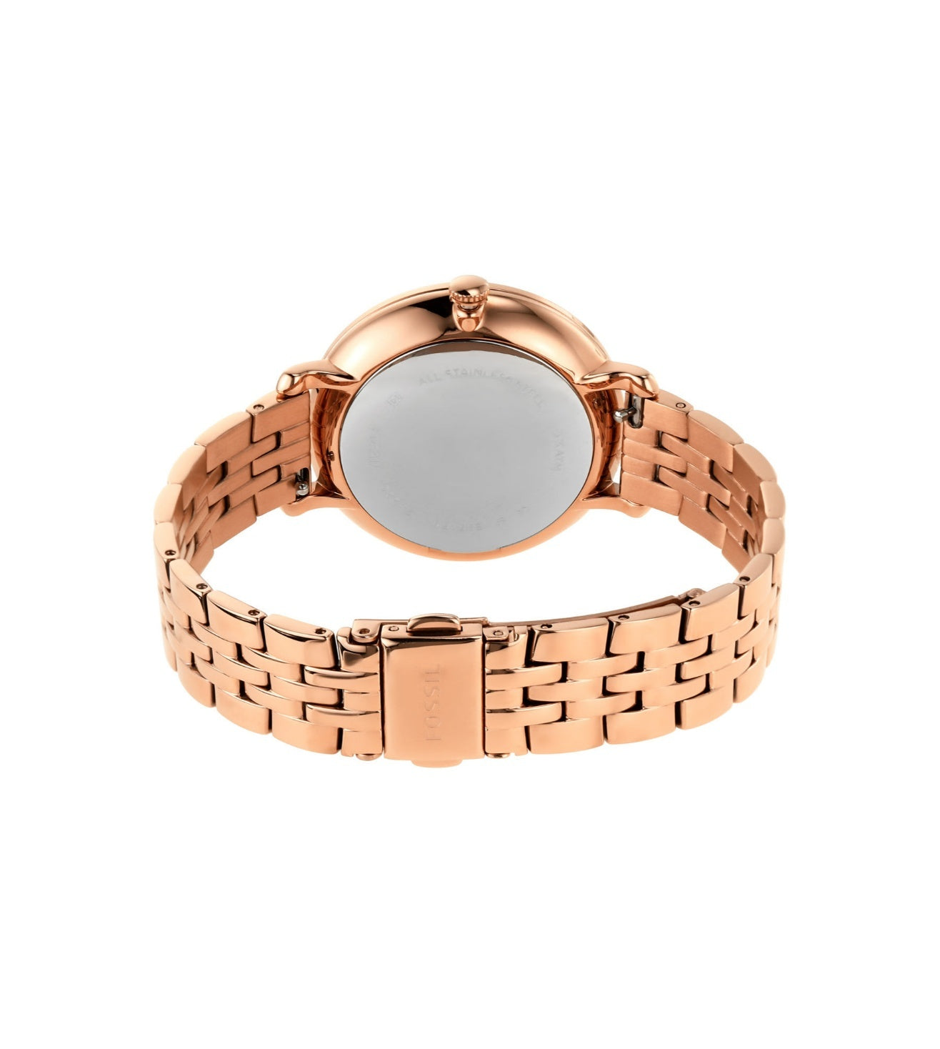 Fossil Jacqueline rose gold watch caseback with rose gold three-link bracelet