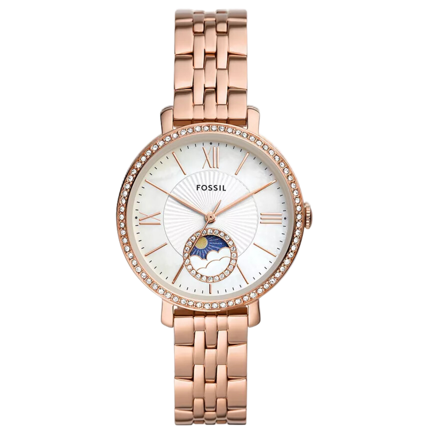 Fossil Jacqueline rose gold women's watch with sun-moon dial and crystal-set bezel