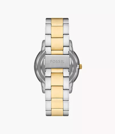 Fossil Neutra FS5906 caseback showing stainless steel two-tone bracelet