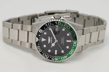 Angled view of Invicta Pro Diver watch showing Sprite bezel and stainless steel three-link bracelet