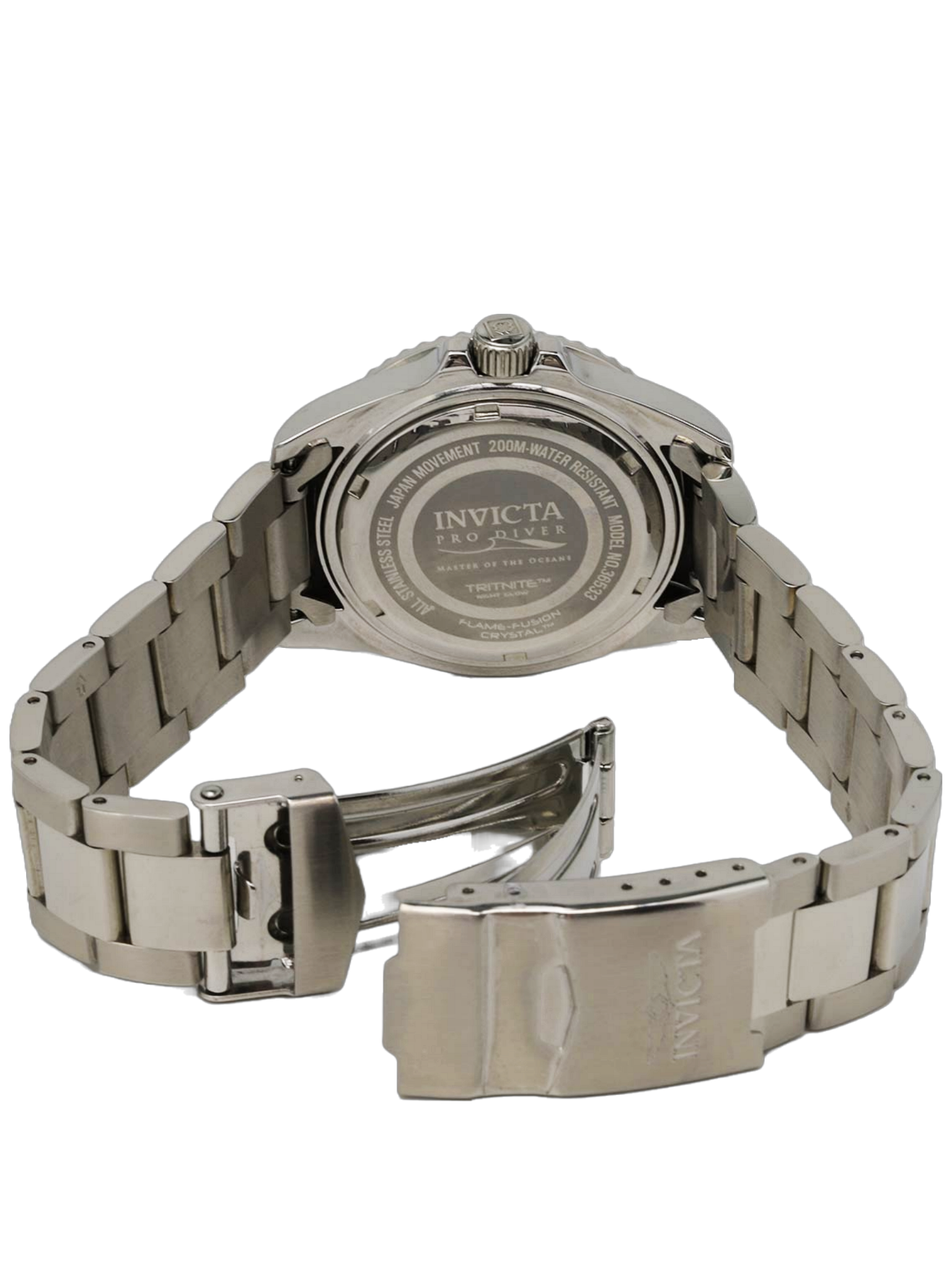 Invicta Pro Diver caseback showing stainless steel case back and bracelet with fold-over clasp