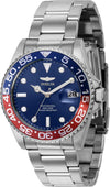 Invicta Pro Diver quartz watch with blue dial, red/blue GMT bezel, and stainless steel bracelet