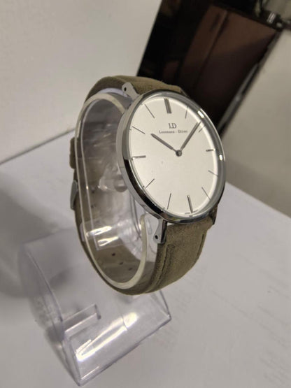 Lorenzen Dilimi watch angled view showing white dial and beige strap