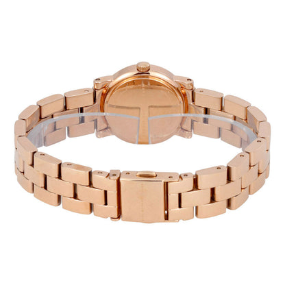 Rose gold Baker watch caseback showing crystal and bracelet underside