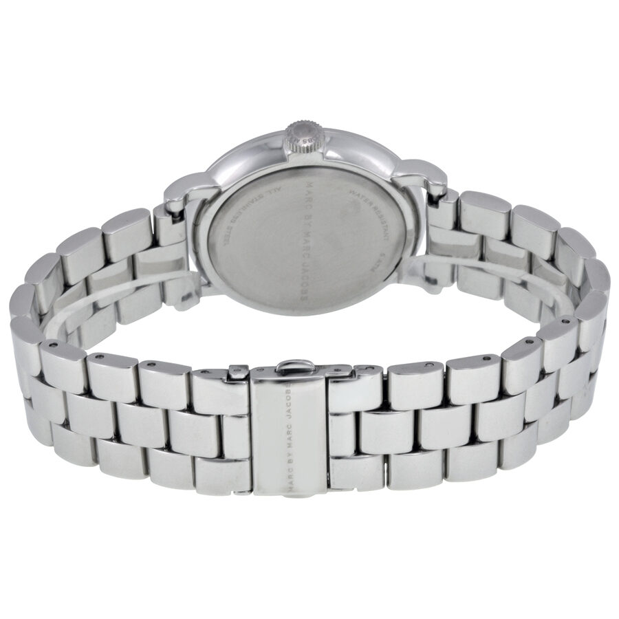 Caseback view of Marc By Marc Jacobs Baker watch with silver-tone stainless steel bracelet