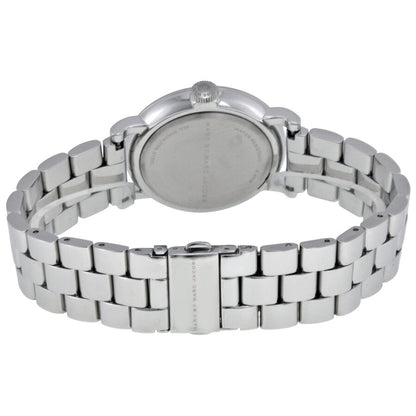 Caseback view of Marc By Marc Jacobs Baker watch with silver-tone stainless steel bracelet