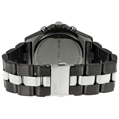Marc By Marc Jacobs Blade chronograph watch caseback showing gunmetal and silver tone two-tone bracelet