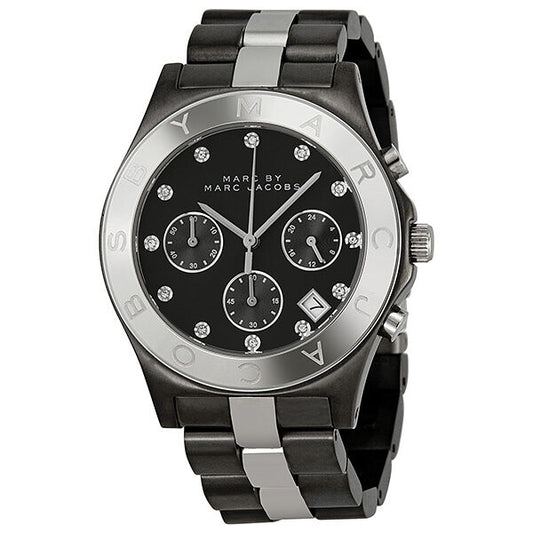 Marc By Marc Jacobs Blade chronograph watch with gunmetal and silver tone bracelet and black chronograph dial