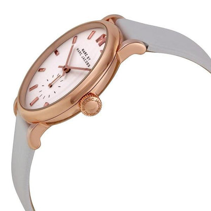 Side angle view of Marc Jacobs Baker watch with rose gold case and white leather band