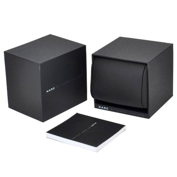 Marc by Marc Jacobs Baker watch packaging with black branded box and cloth pouch