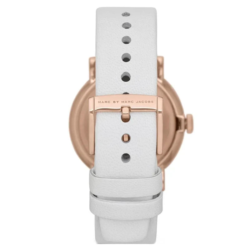 Back view of Marc Jacobs Baker watch showing white leather strap and rose gold caseback