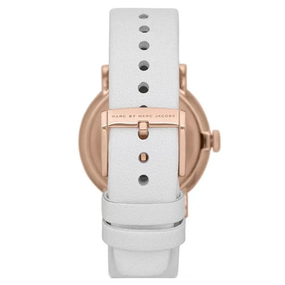 Back view of Marc Jacobs Baker watch showing white leather strap and rose gold caseback