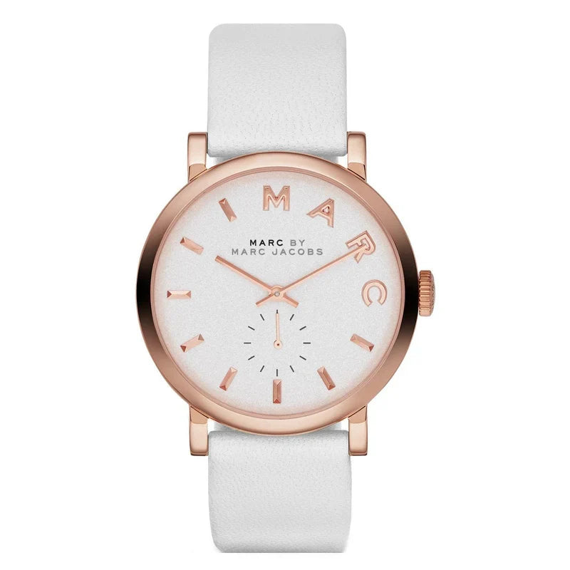 Marc Jacobs Baker MBM1283 women's watch featuring white dial and rose gold tone case