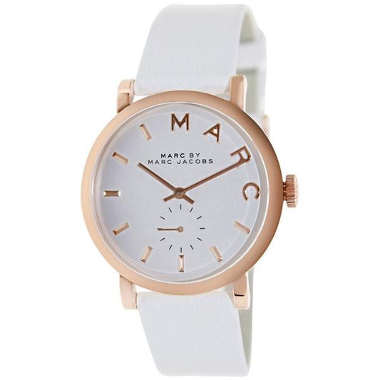 Marc by Marc Jacobs Baker watch with white dial, rose gold case, and white leather strap
