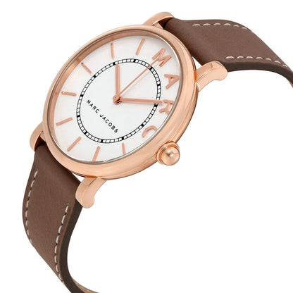 Marc Jacobs Classic Mini rose gold watch angled view showing white dial and case profile