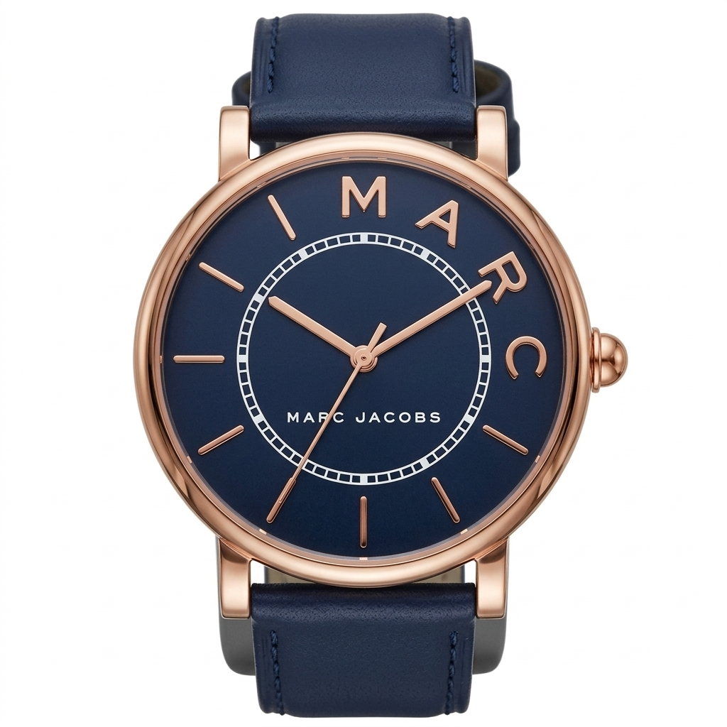 Angled view of Marc Jacobs Classic Mini MJ1539 showing rose gold bezel and navy leather strap