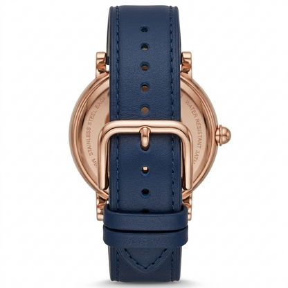 Marc Jacobs Classic Mini MJ1539 caseback showing navy leather strap with buckle closure