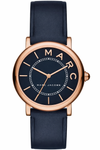 Marc Jacobs Classic Mini MJ1539 watch with navy dial, rose gold case, and navy leather strap