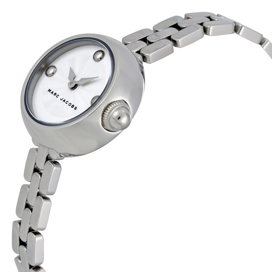 Marc Jacobs Courtney watch at angle showing round white dial and silver link strap