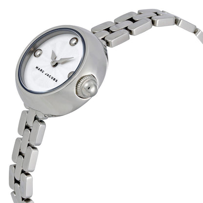 Marc Jacobs Courtney watch at angle showing round white dial and silver link strap