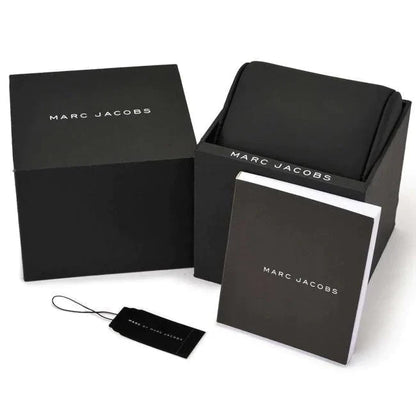 Marc Jacobs watch packaging including black branded box and cloth pouch