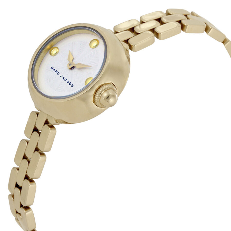 Marc Jacobs Courtney watch angled view showing case profile and gold bracelet