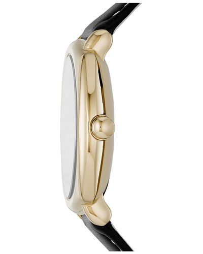 Marc Jacobs Mandy watch side view showing gold-tone case and black leather strap