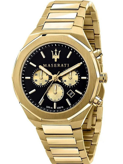 Maserati 45mm gold-tone chronograph watch with black dial and gold subdials