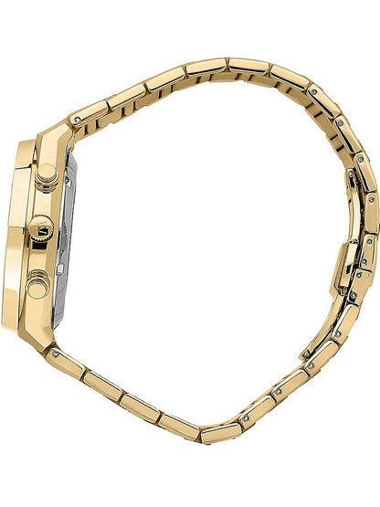 Gold-tone link bracelet and side profile of Maserati chronograph case