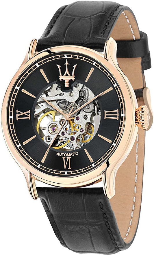 Maserati automatic skeleton men's watch with black dial, rose gold case, and black leather strap