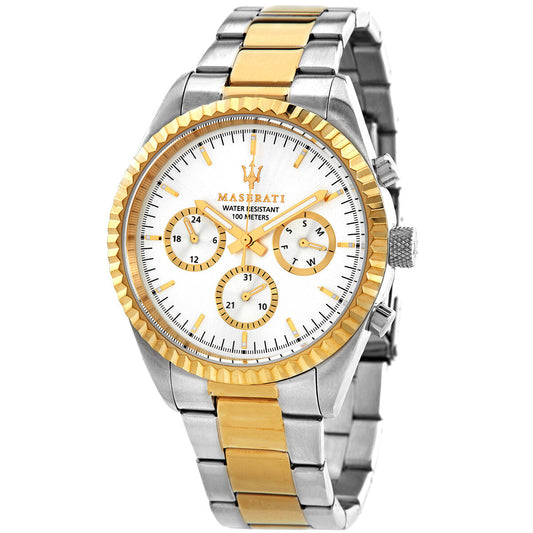 Maserati chronograph quartz watch with silver dial, gold-tone bezel, and two-tone stainless steel bracelet