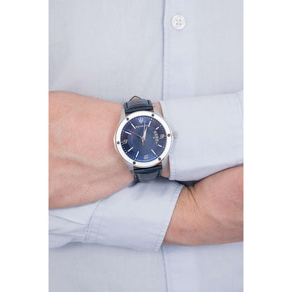 Maserati Circuito watch worn on wrist with blue dial and navy leather strap