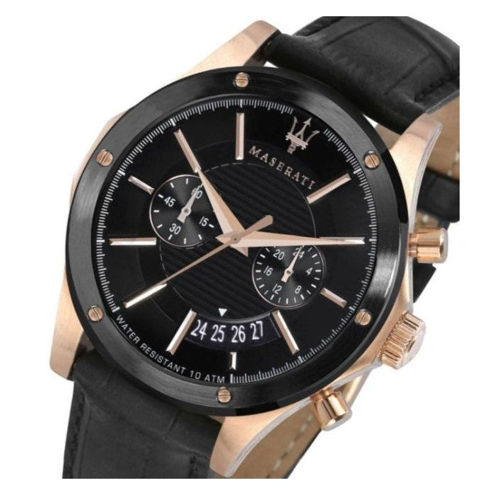 Maserati Circuito watch angled view showing black dial, rose gold bezel, and chronograph functionality