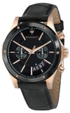 Maserati Circuito men's watch with black dial, rose gold case, chronograph subdials, and black leather strap