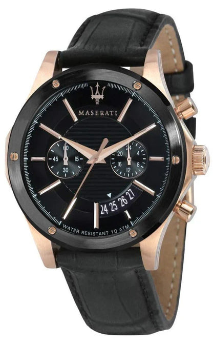 Maserati Circuito men's watch with black dial, rose gold case, chronograph subdials, and black leather strap