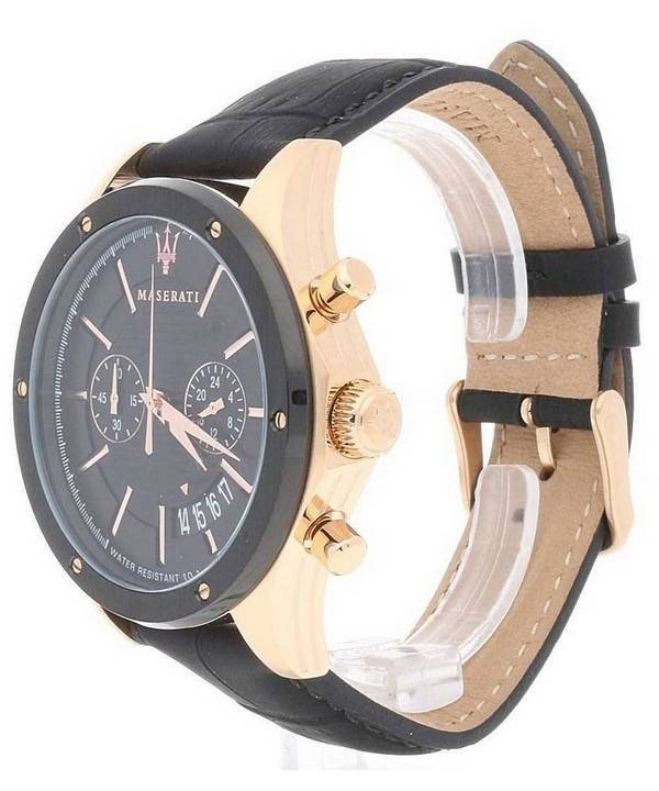 Side view of Maserati Circuito watch displaying rose gold case, black leather strap, and chronograph pushers